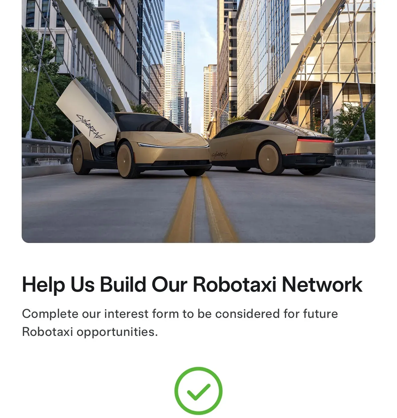 Tesla Robotaxi network interest form confirmation screen reading thank you, we have received your submission