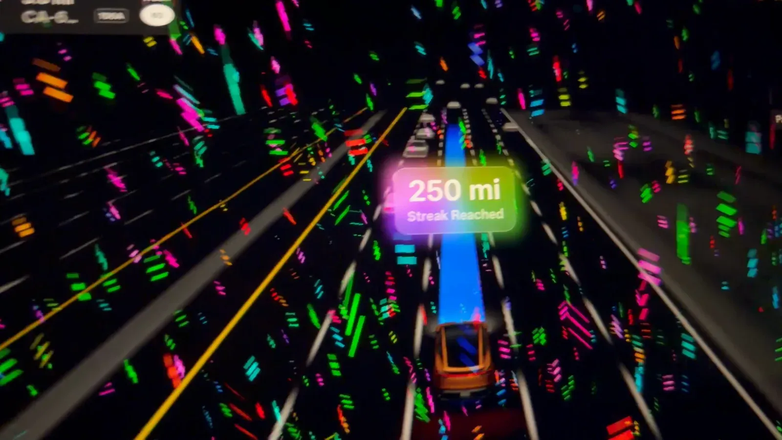 Tesla screen showing a 250 mile Full Self-Driving streak reached, with confetti animation over the night driving visualization