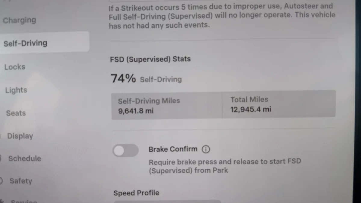 Tesla FSD Supervised stats after the round trip showing 9,641.8 self-driving miles and 12,945.4 total miles