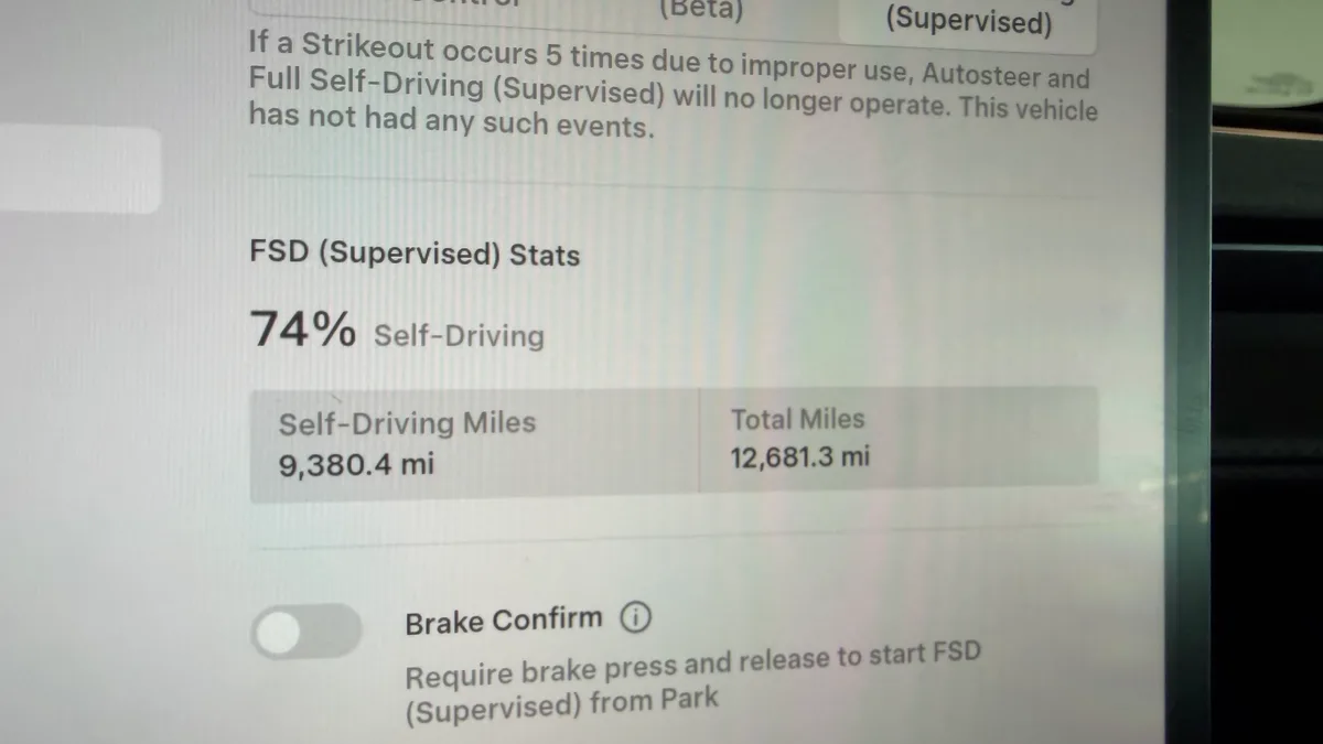 Tesla FSD Supervised stats on arrival in Las Vegas showing 9,380.4 self-driving miles and 12,681.3 total miles