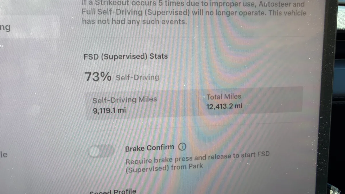 Tesla FSD Supervised stats before the trip showing 73 percent, 9,119.1 self-driving miles and 12,413.2 total miles
