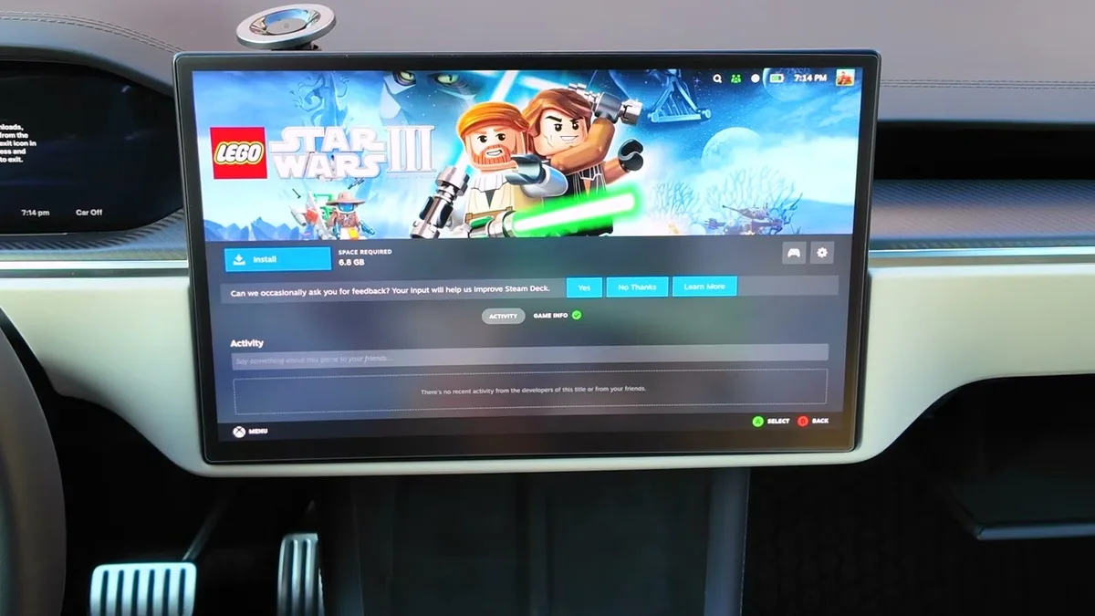 Tesla touchscreen showing Lego Star Wars game installed in the Steam library