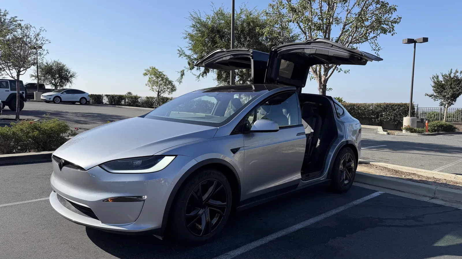 Silver Tesla Model X loaner with both falcon wing doors open in a parking lot on a clear SoCal day.
