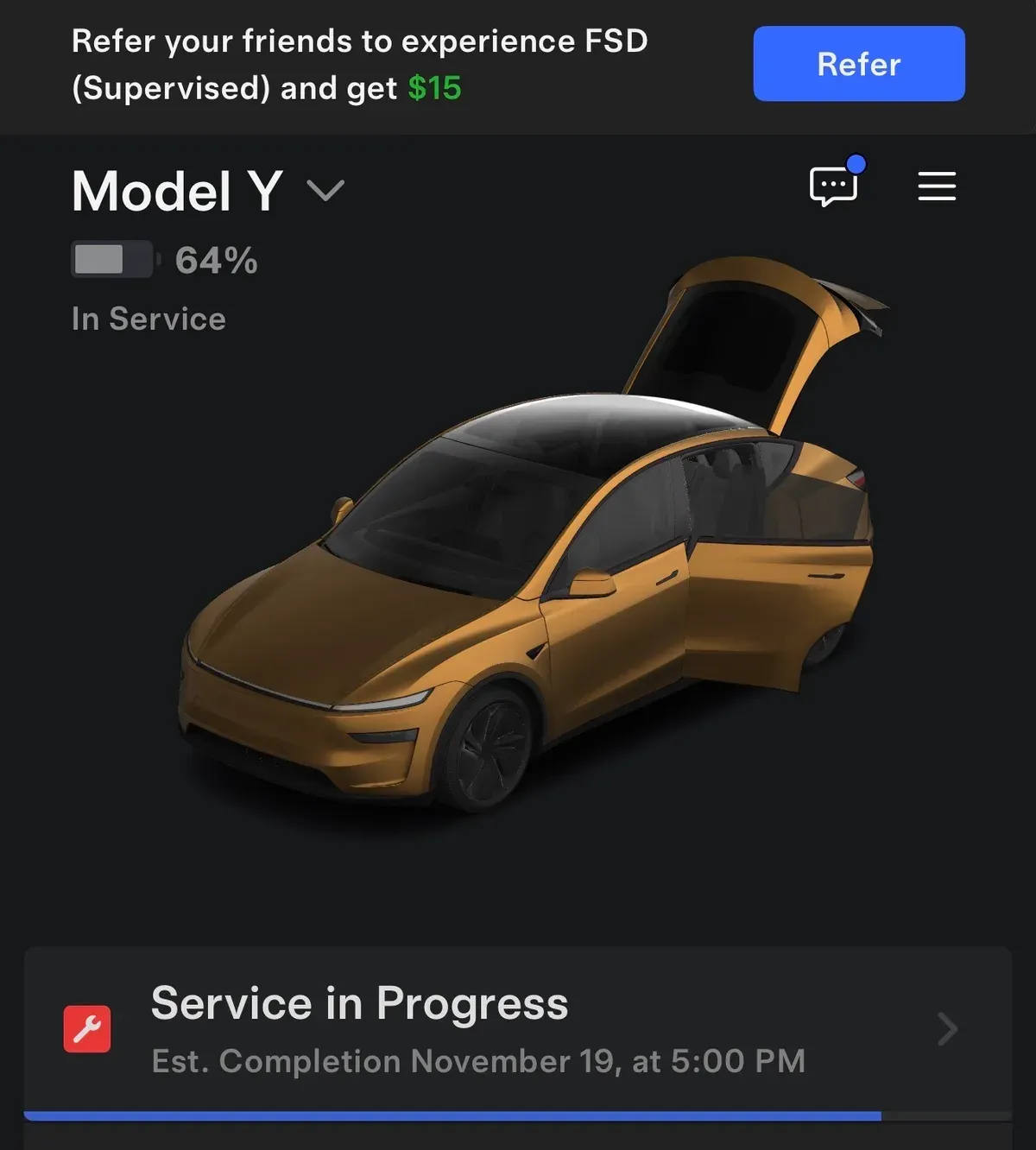 Tesla app screenshot showing the gold wrapped Model Y in service with the repair progress screen.