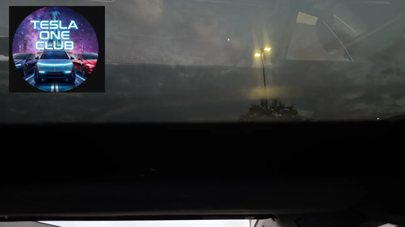 Front headliner of Tesla One Club's Cybertruck sitting flush against the windshield.