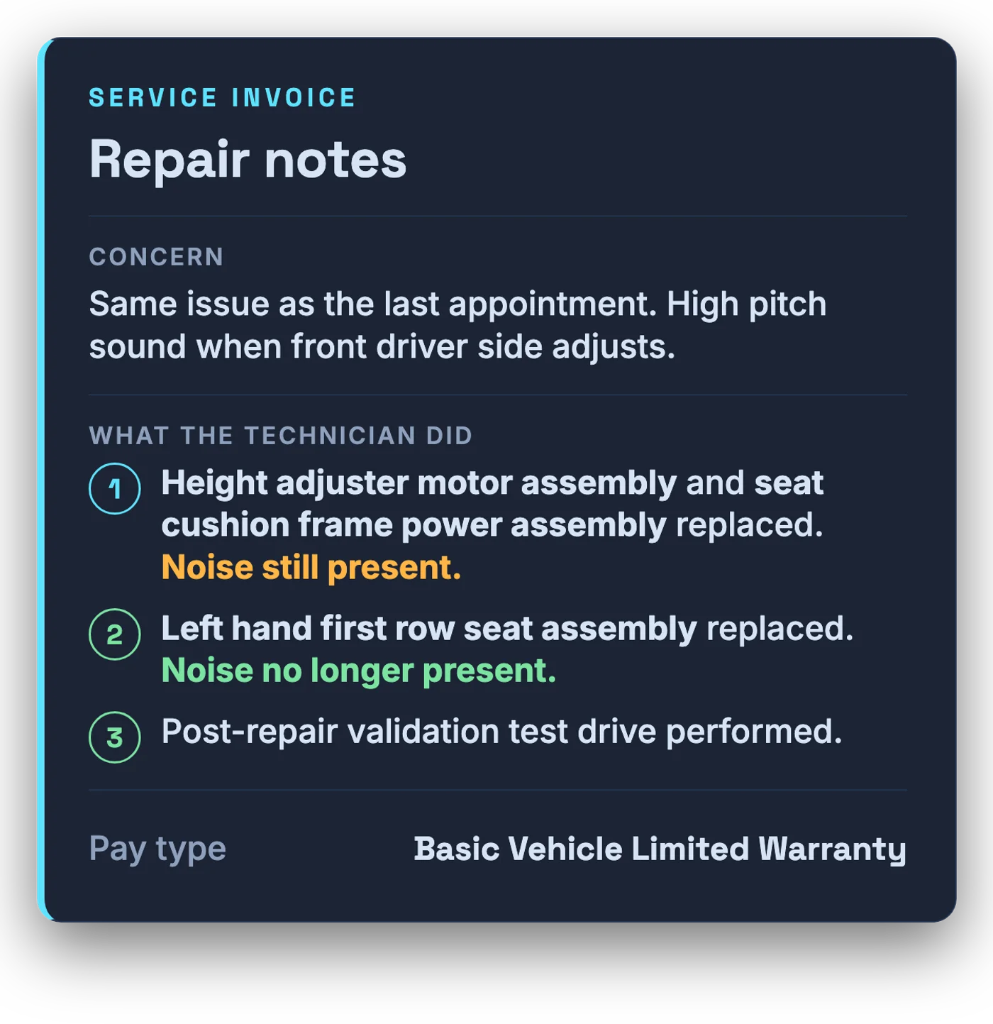 Tesla service invoice repair notes: height adjuster motor replaced, noise still present, then left hand first row seat assembly replaced, noise no longer present