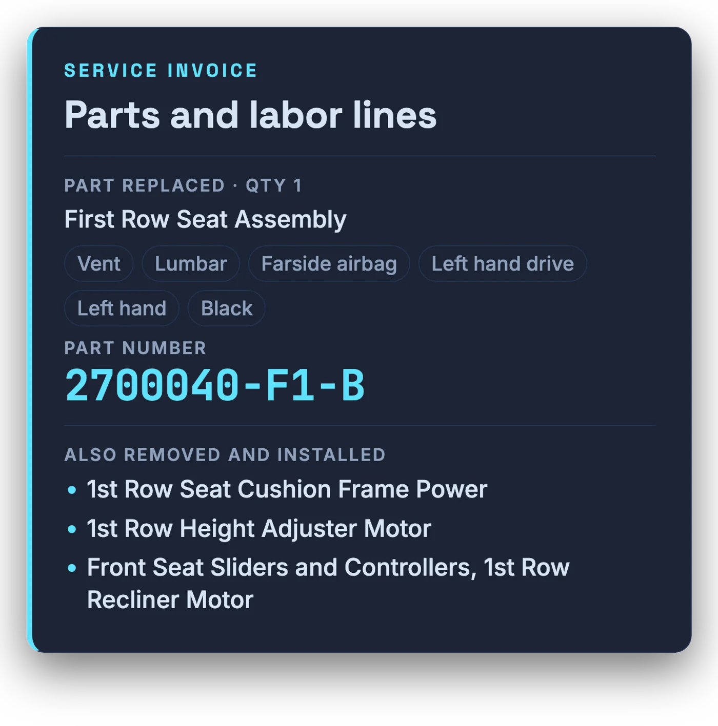Tesla service invoice parts line: First Row Seat Assembly, part number 2700040-F1-B