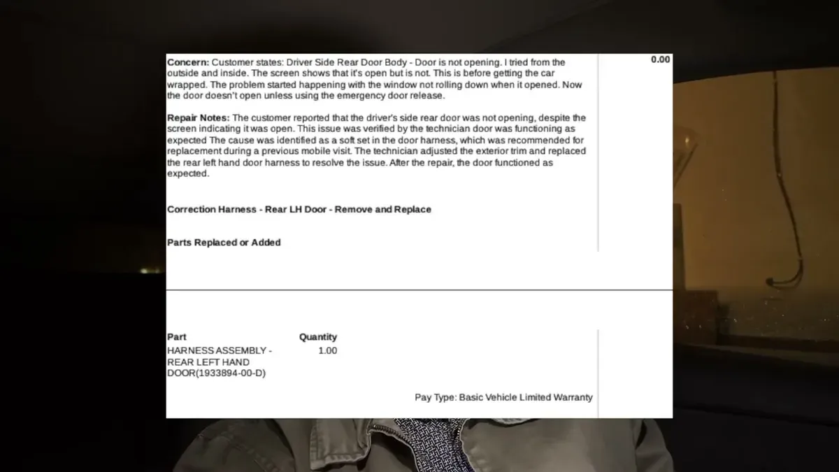 Tesla service report screenshot showing the rear door harness replacement invoice and repair notes.