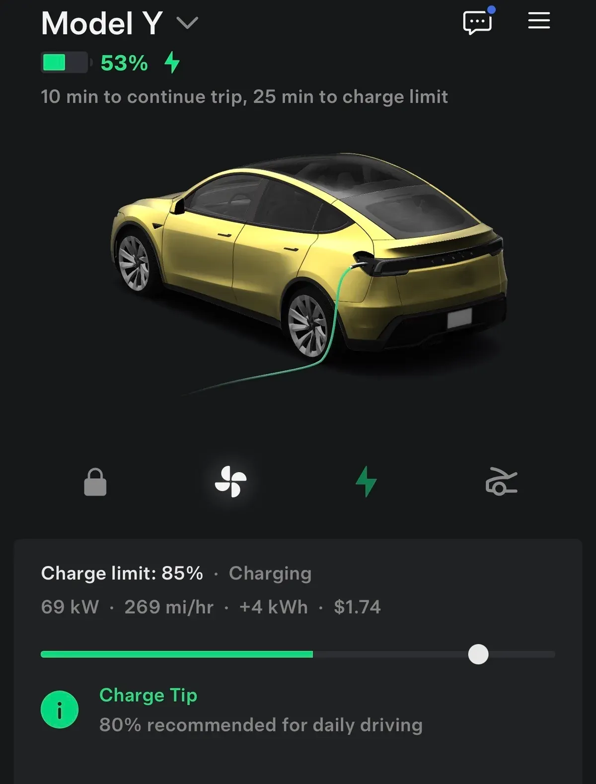 Tesla app showing a 69 kW Supercharging session at 53 percent while sharing power with the next stall