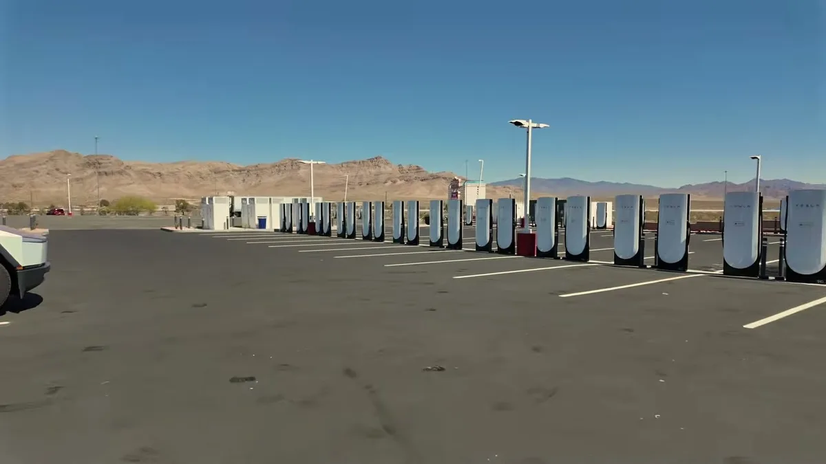 Wide view of 64-stall Tesla Supercharger at Terrible's