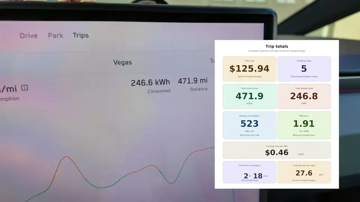 Tesla trip totals screen showing Vegas trip data