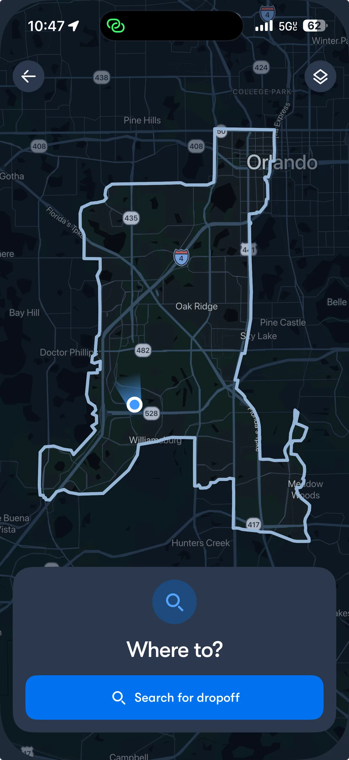 Waymo app showing the Orlando service area, my current location, and a search-for-dropoff prompt.