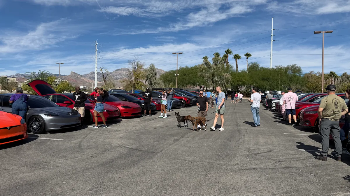 Owners and dogs walking between rows of Teslas and Mach-Es at the Zero Emissions Run meetup in Las Vegas with desert mountains behind
